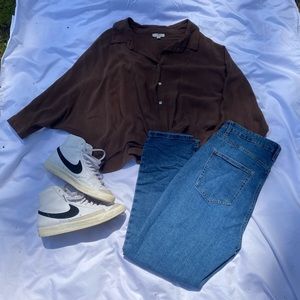 Cropped front tie button up, dark brown. It’s got a dropped sleeve